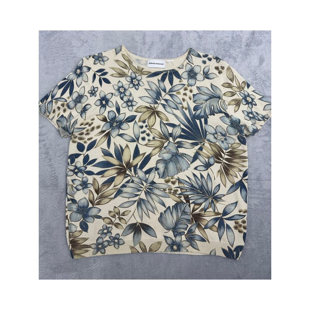 Vintage 90s Alfred Dunner Blue Cream Beaded Floral Short Sleeve Knit Sweater XL
